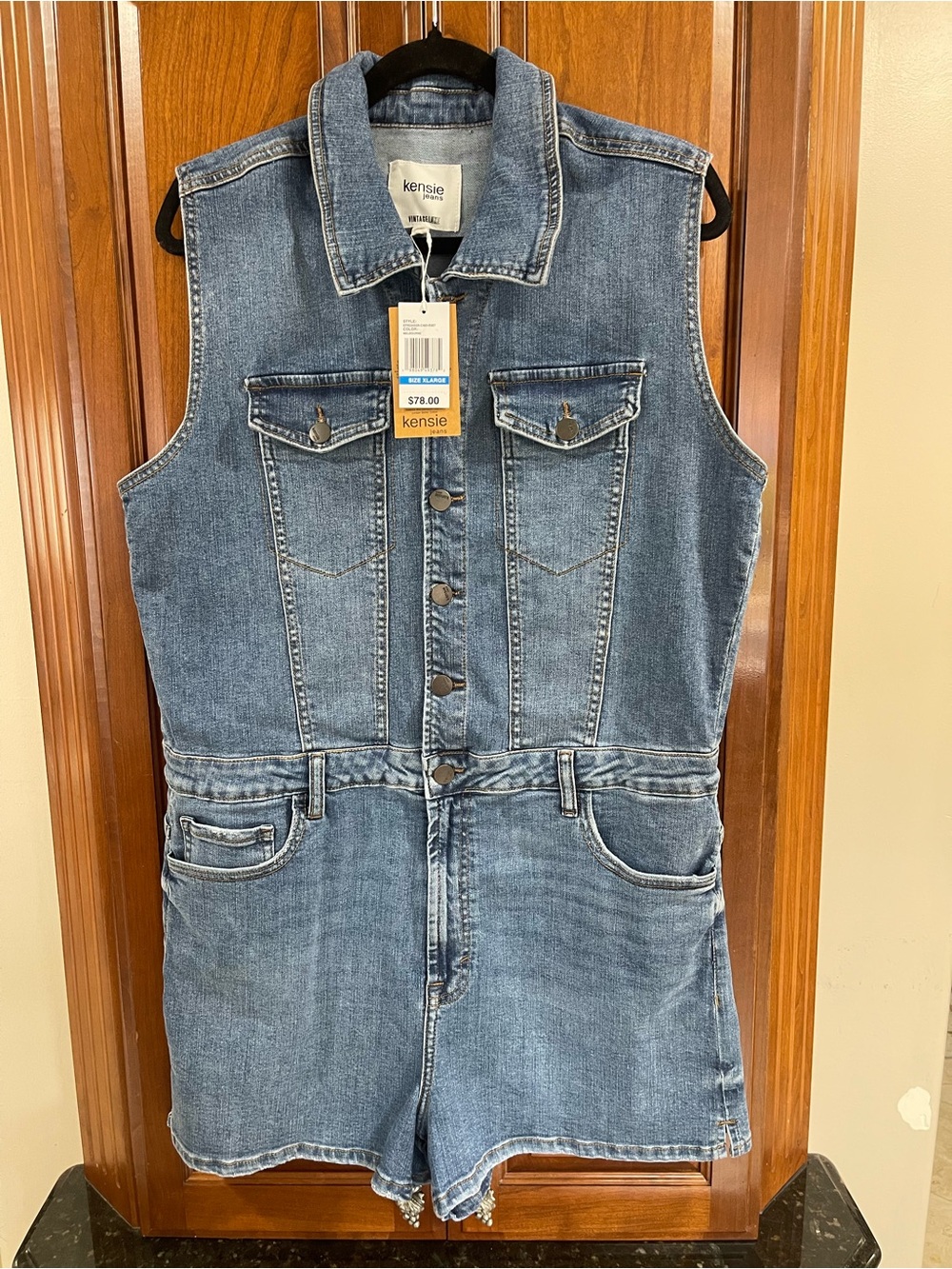 Kensie Denim Sleeveless Jean Romper in Medium Blue
